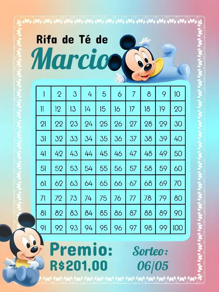 Invitación Té Rifa Mickey Baby Cartela