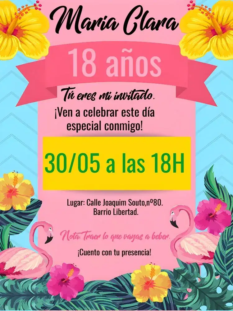 Invitación Flamenco Tropical Blanco – tema Cumpleaños tropical, colorido, floral, moderno, divertido, vibrante
