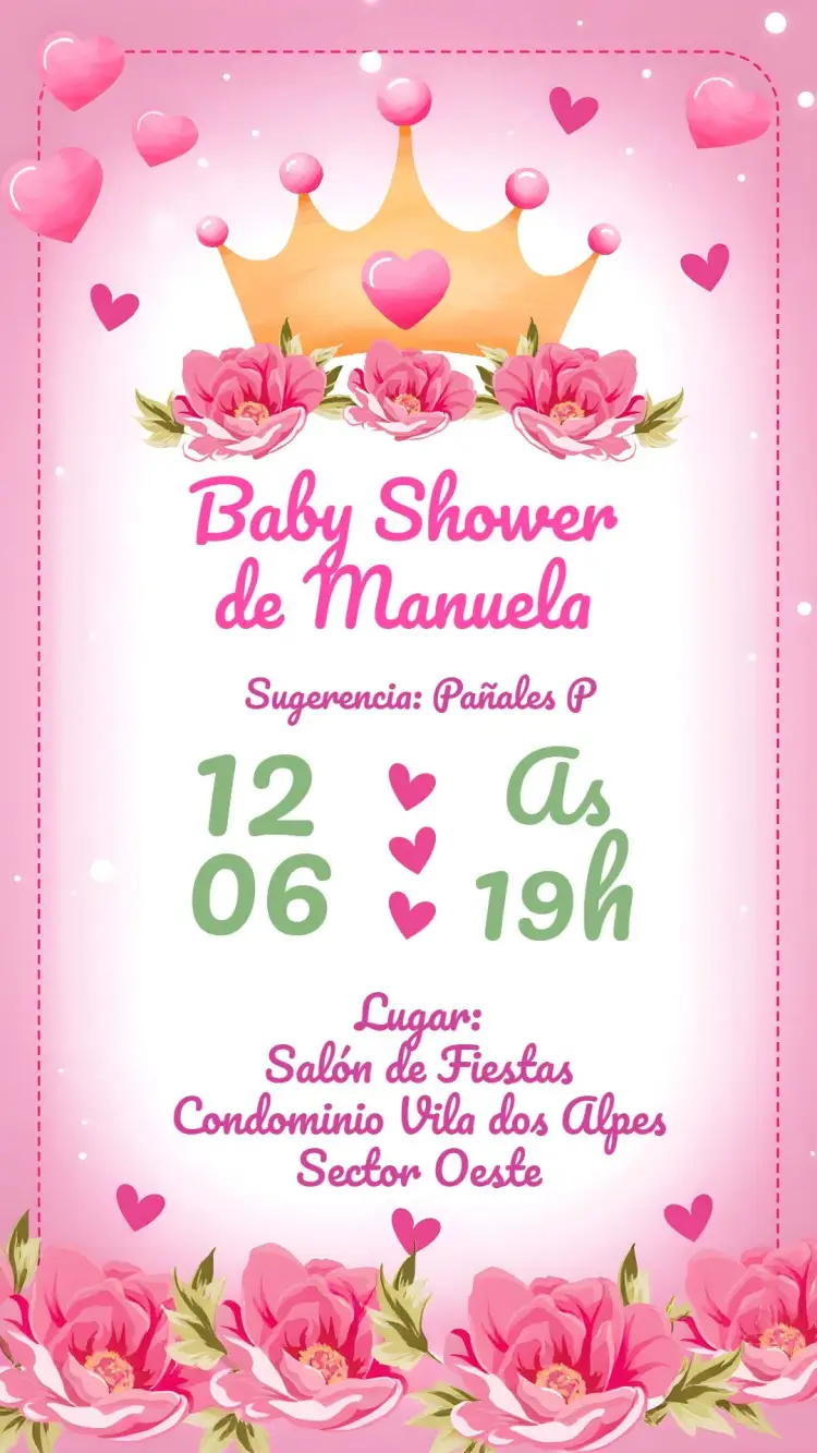 Invitación Baby Shower Princesa Floral Corazones editable y personalizable