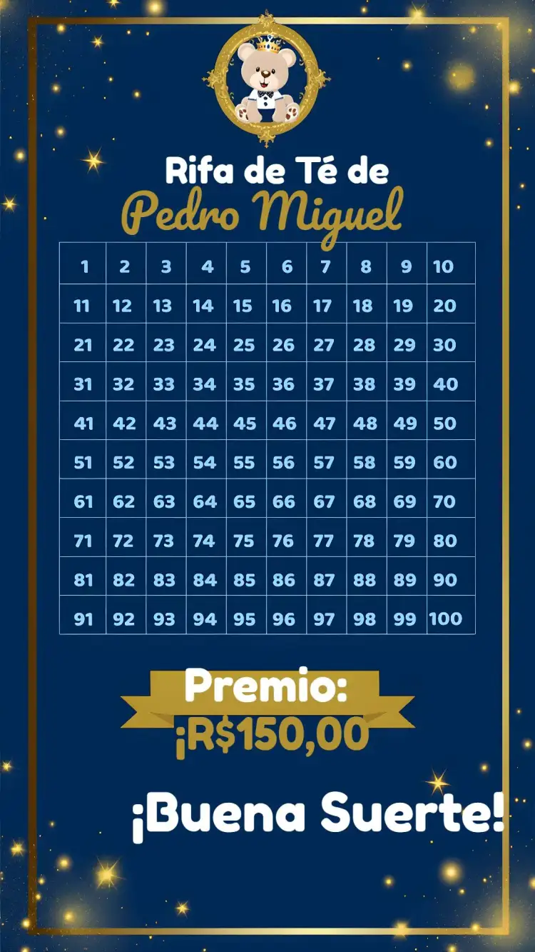 Invitación Té Rifa Osito Príncipe Números – tema Té Rifa azul, dorado, blanco, infantil, príncipe, osito