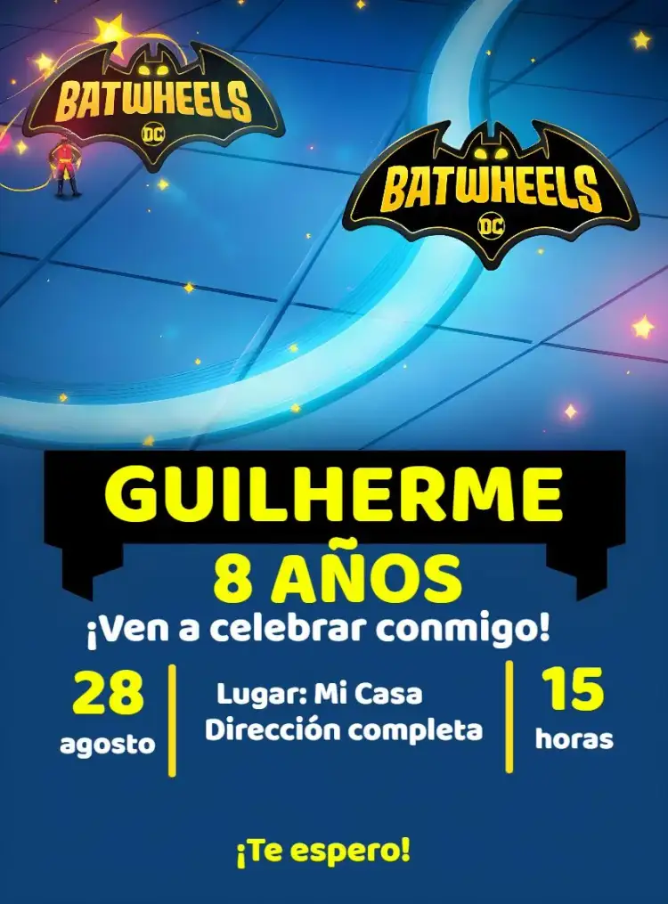 Invitación Batwheels Azul – tema Más buscados superhéroes, automóviles, carreras