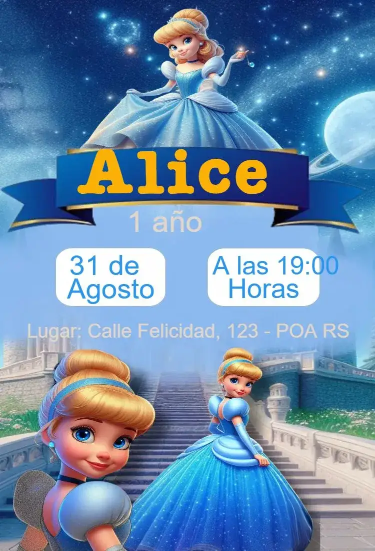 Invitación Invitación Cenicienta – tema Cumpleaños Infantil azul, princesa, cuento de hadas, infantil, encantado