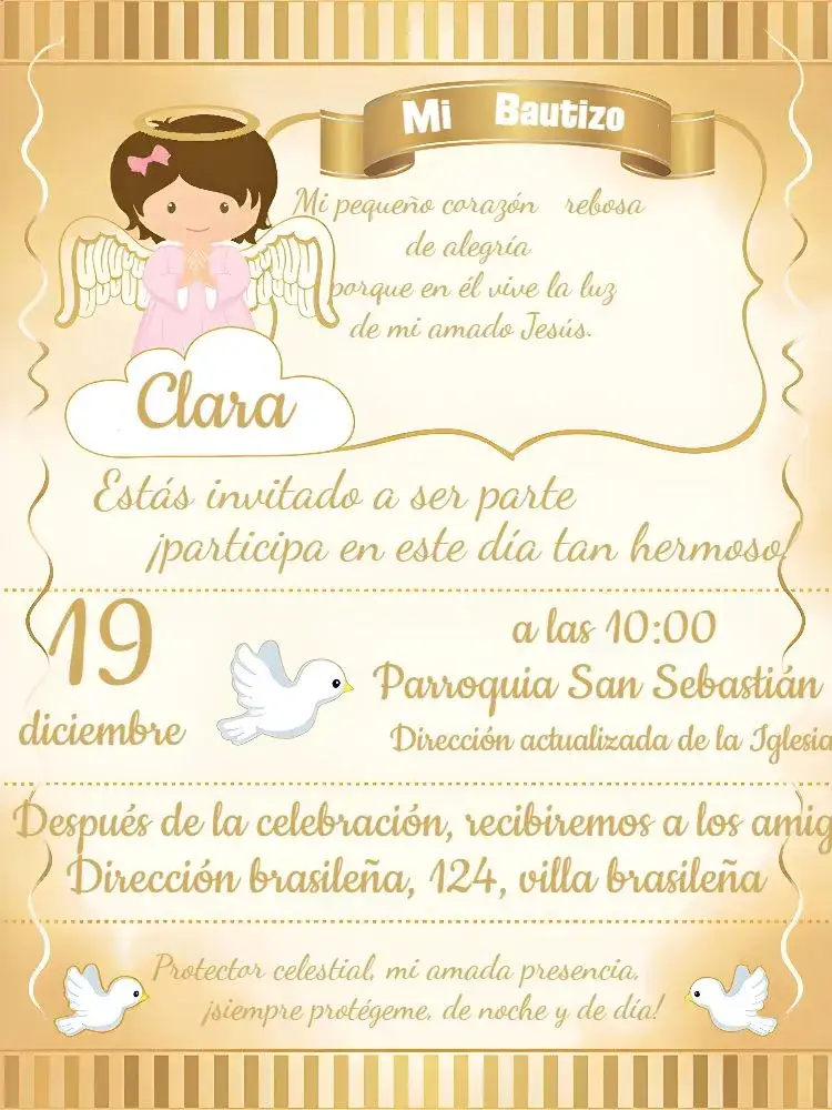 Invitación Bautizo Niña Blanco – tema Bautismo blanco, rosa, dorado, angelitos, oración, elegante