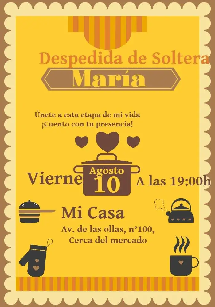 Invitación Despedida de Cocina – tema Despedida de Soltera modernos, elegantes, colores cálidos, estilo rústico, elementos gráficos de cocina
