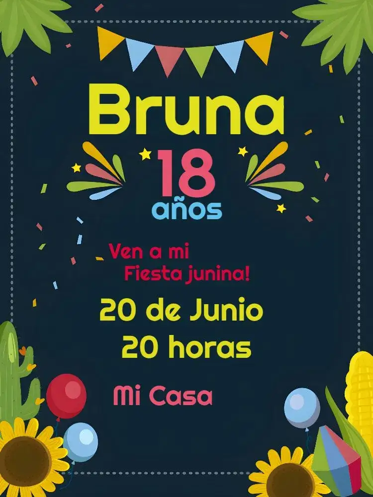 Invitación Arraiá - Fiesta Junina Palomitas – tema Fechas Conmemorativas vibrante, colorido, tradicional, rústico, brasileño, festivo