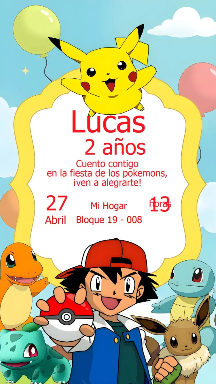 Invitación Pokemon Ash – tema Más buscados colorido, anime, divertido, jovial, jogos, infantil