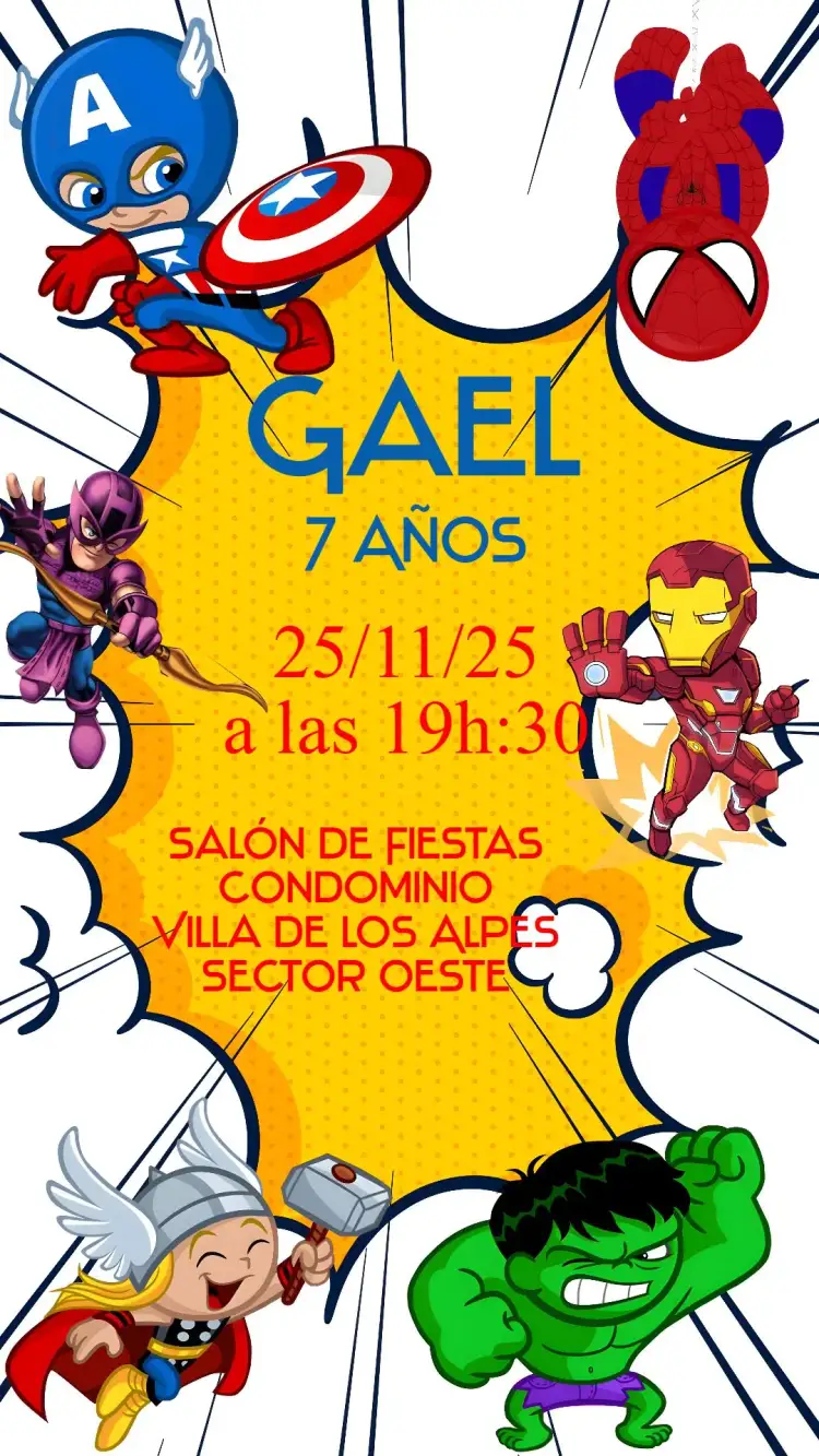 Invitación Los Vengadores – tema Cumpleaños Infantil colorido, brillante, moderno, temático, divertido