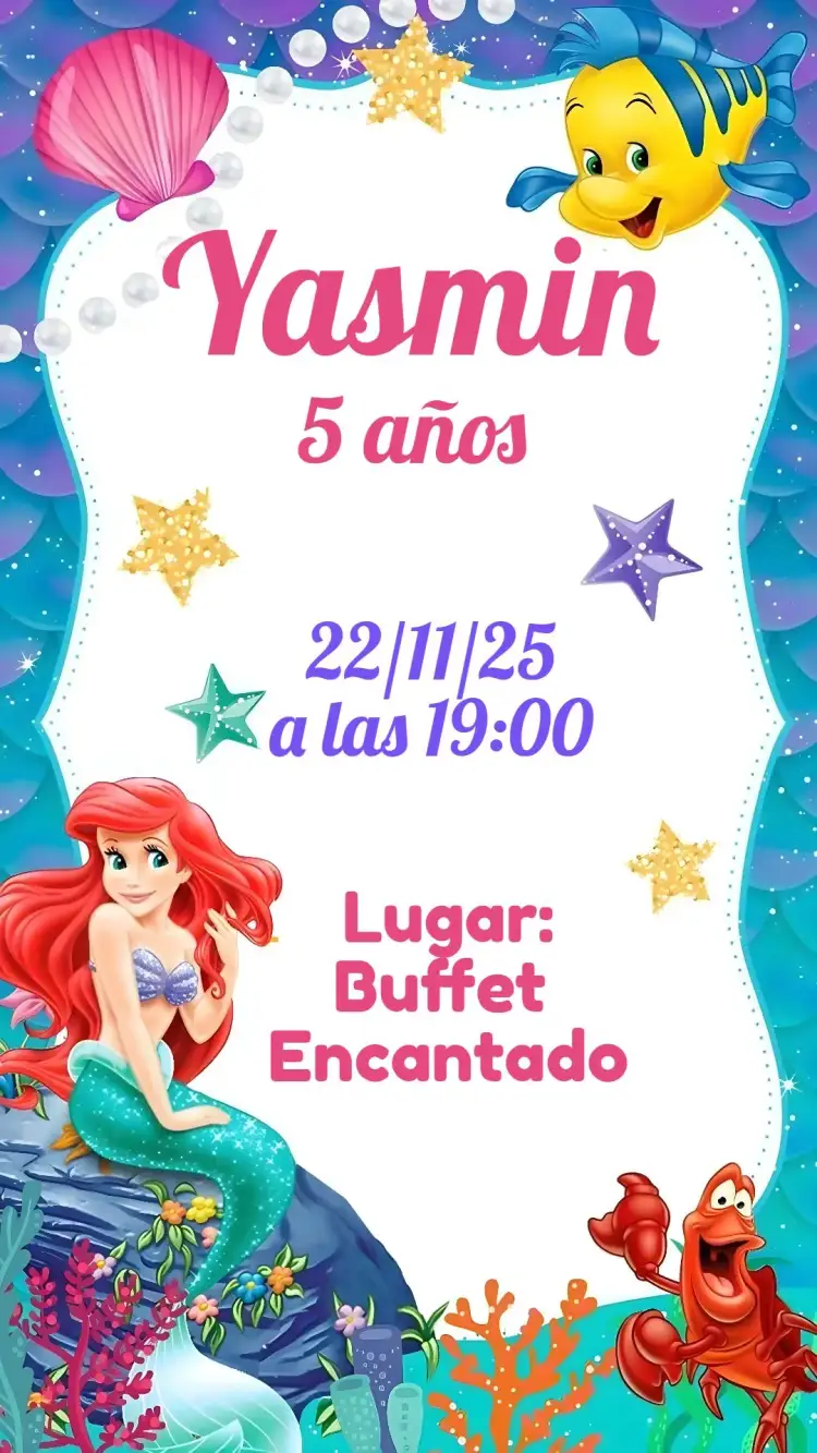 Invitación Sirena Ariel – tema Cumpleaños temática marítima, colores vibrantes, ilustraciones lúdicas, estilo divertido, elementos acuáticos, mundo encantado