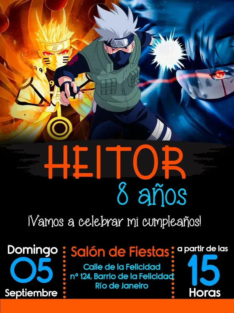 Invitación Sasuke Digital Negro – tema Cumpleaños Infantil Sasuke, Naruto, aventura, colores vibrantes, temática anime, diseño divertido