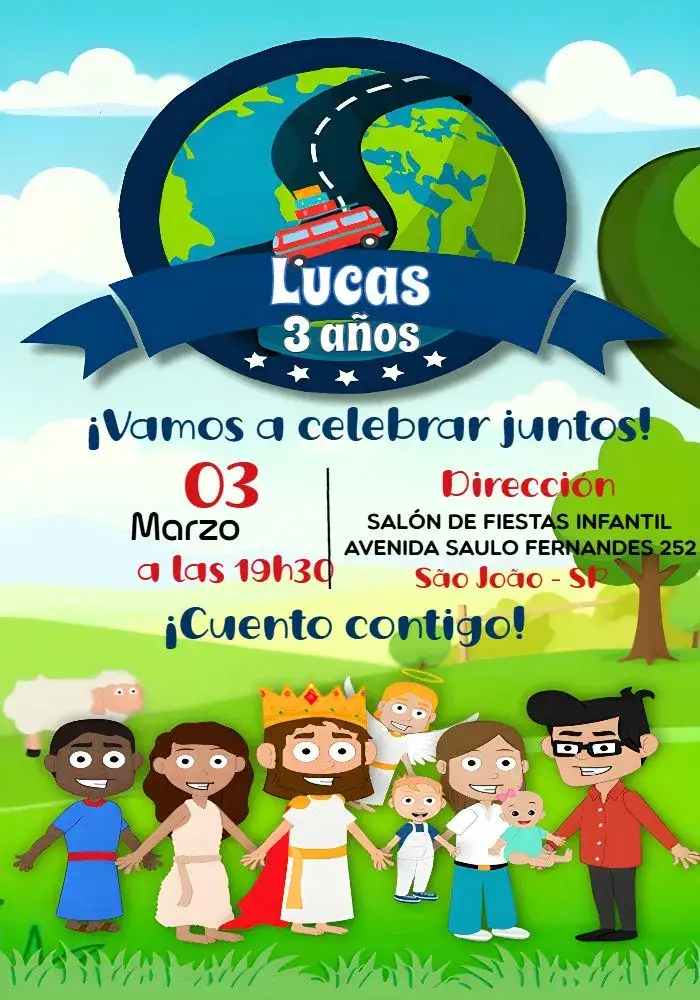 Invitación Mi Vida Es Un Viaje de Dios – tema Más buscados colorido, infantil, divertido, religioso, lúdico, vibrante