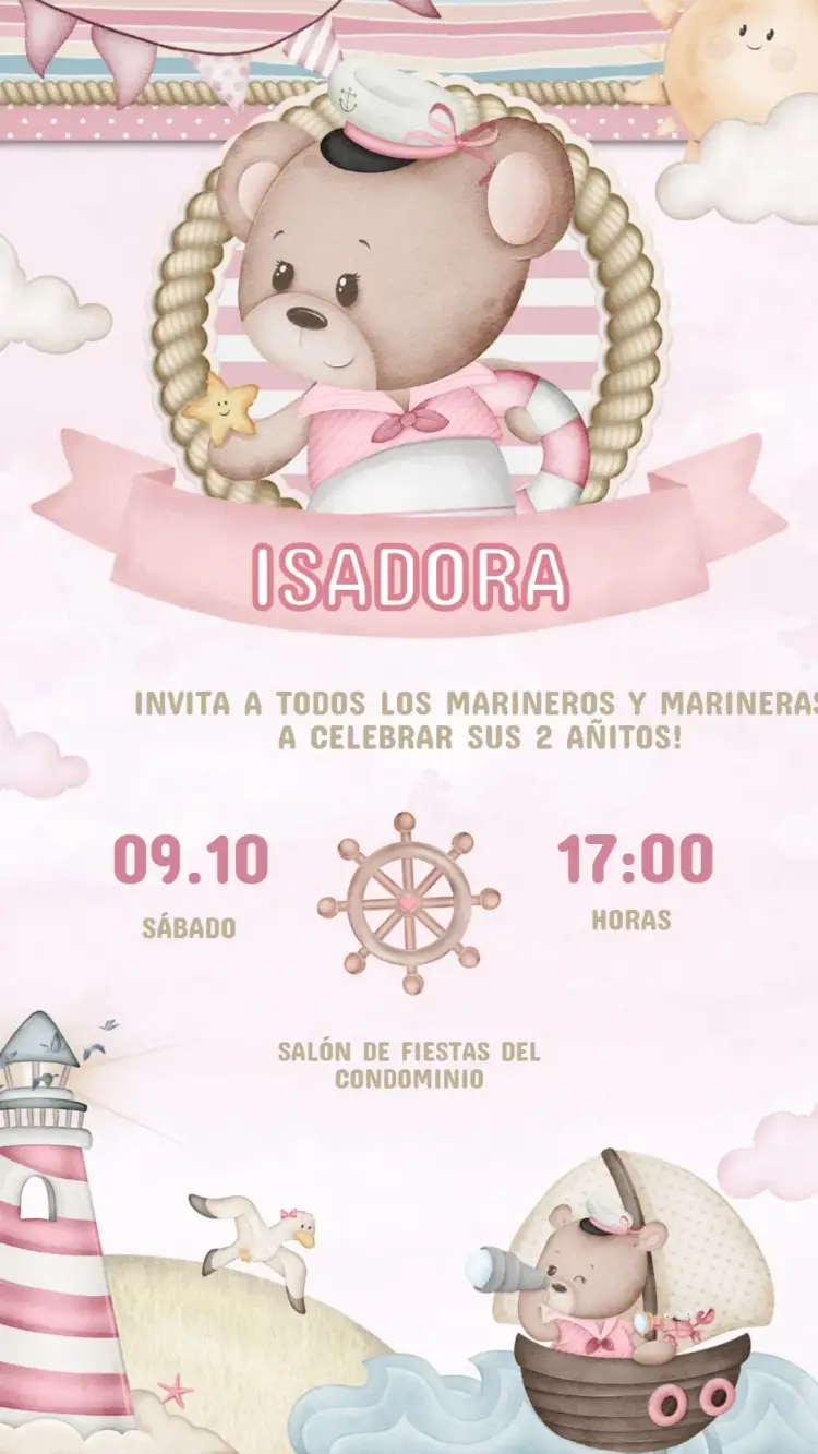 Invitación de Cumpleaños Infantil Osita Marinera