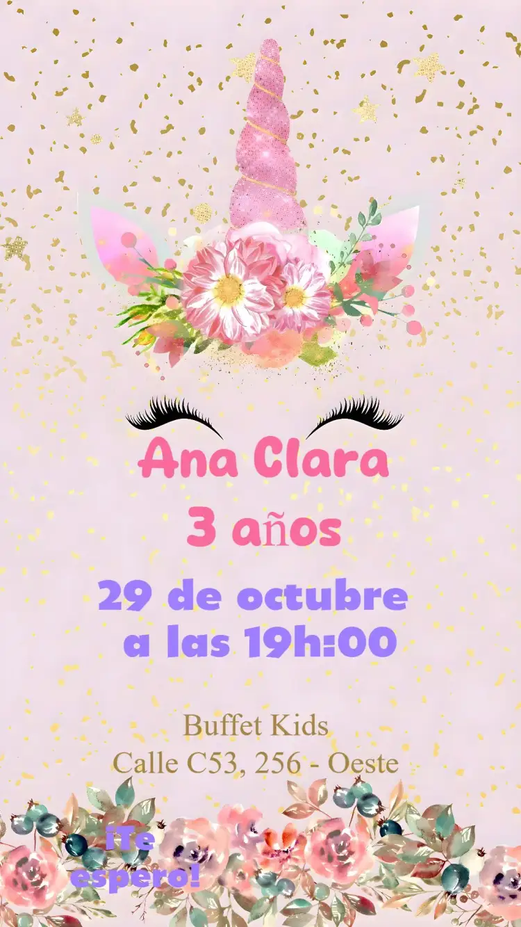 Invitación Unicornio Lujo – tema Cumpleaños Infantil colores pastel, brillo y glamour, elementos gráficos de unicornio, estrellas centelleantes, diseño encantador, estilo mágico