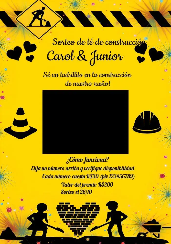 Invitación Té Rifa Construcción Negro – tema Té Rifa moderno, construcción, negro y amarillo, industrial, masculino, minimalista