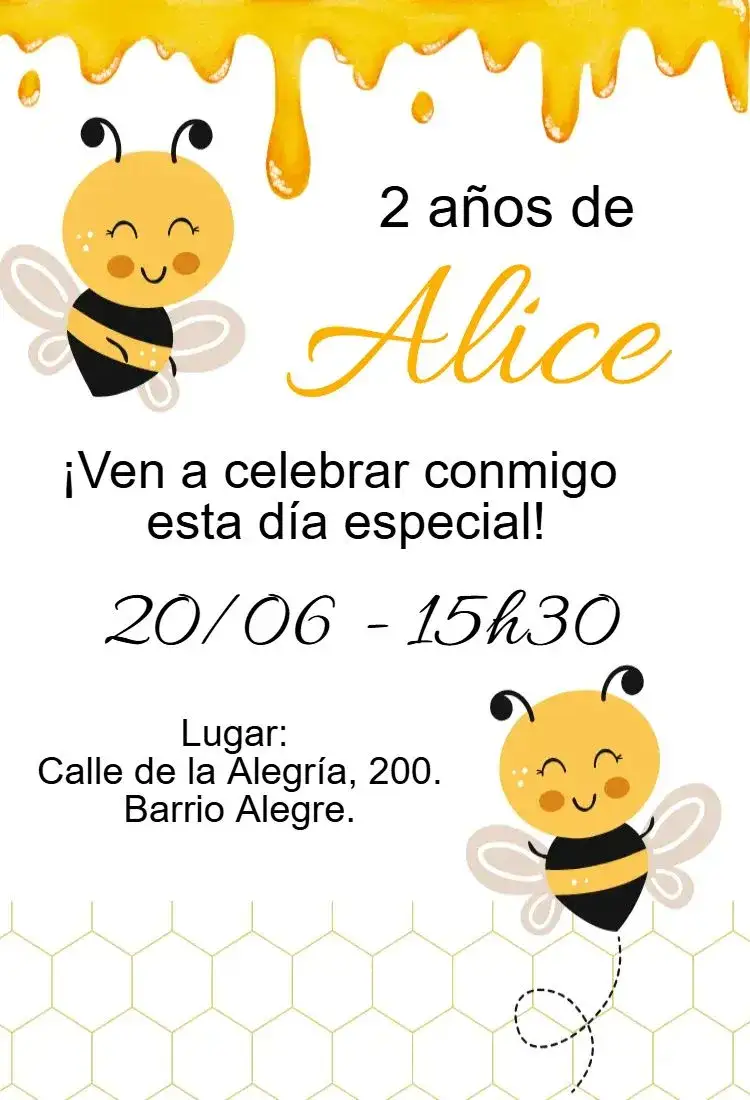 Invitación cumpleaños Abejita – tema Cumpleaños Infantil colores vibrantes, estilo lúdico, elementos gráficos de abeja, diseño colorido, inspirado en la naturaleza