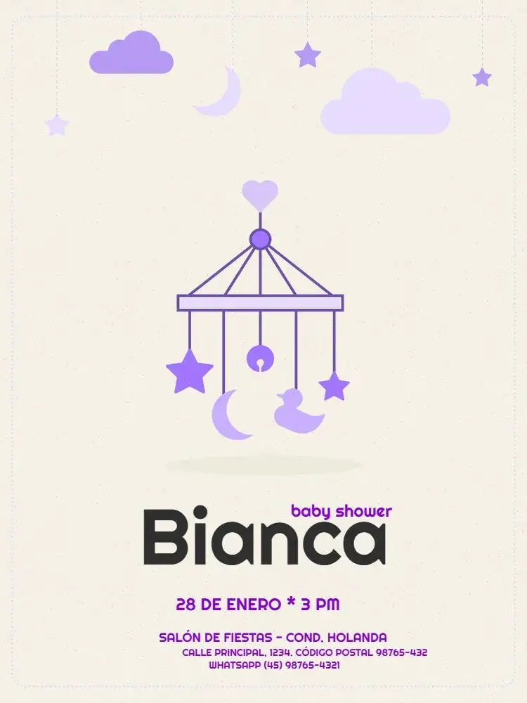 Invitación Invitación Para Baby Shower Infantil – tema Baby Shower delicado, minimalista, púrpura, lúdico, infantil, juguetón