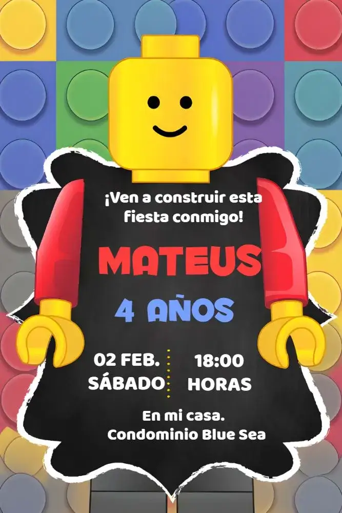 Invitación Lego Bloquinhos – tema Más buscados colorido, juguete, divertido, infantil, moderno