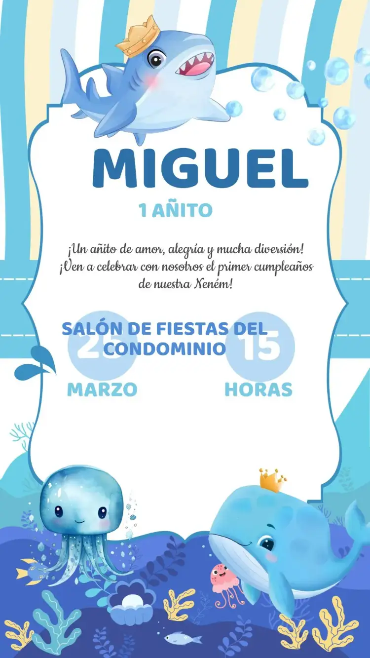 Invitación Invitación Cumpleaños Fondo del Mar – tema Cumpleaños Infantil azul marino, colorido, lúdico, divertido, tropical, fantástico