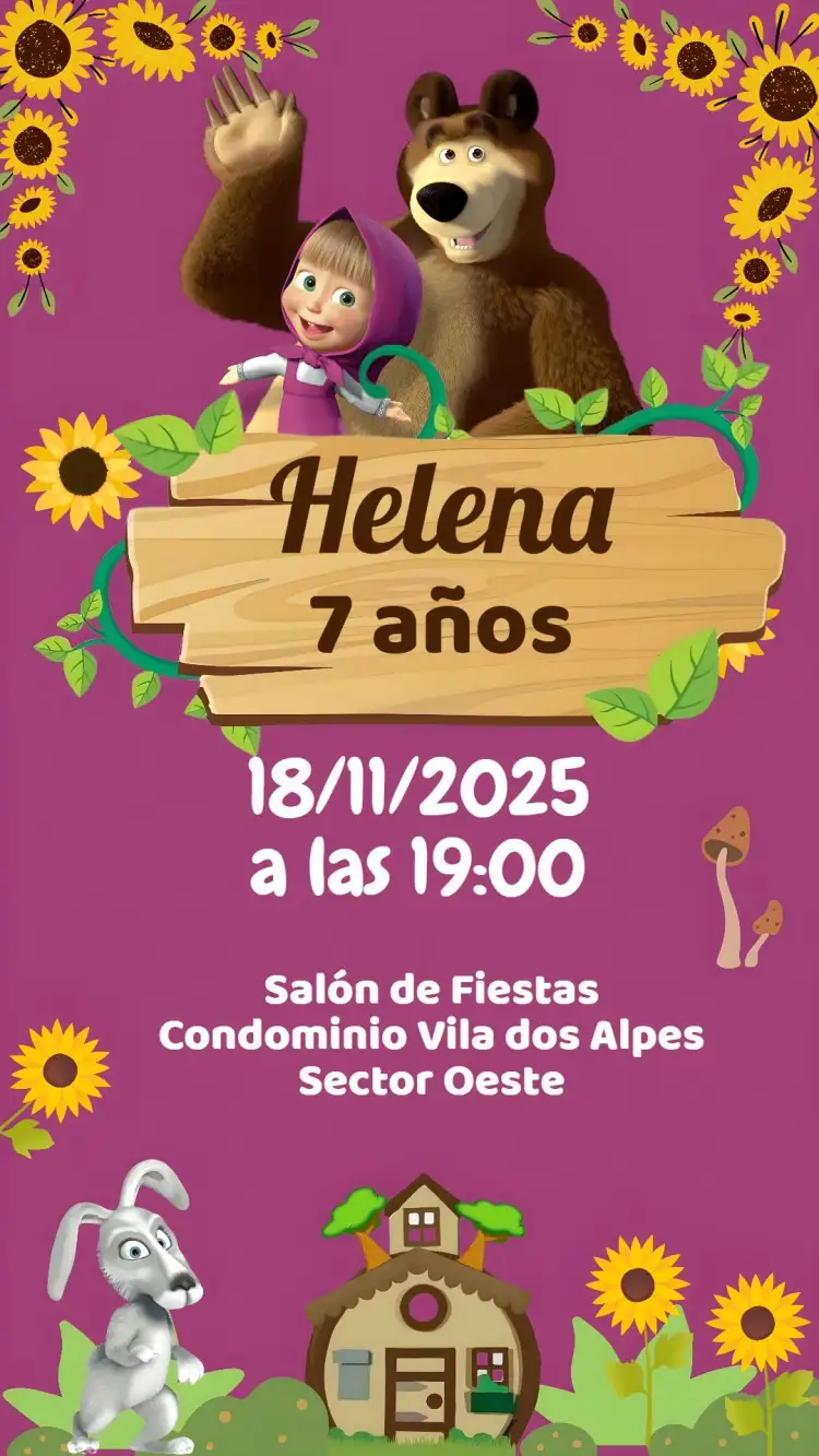 Invitación Masha y el Oso – tema Cumpleaños Infantil colorido, infantil, divertido, acuarela, ilustrativo