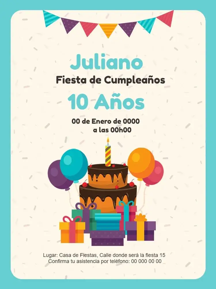 Invitación Fiesta Personalizada – tema Cumpleaños Infantil azul, festivo, divertido, colorido, infantil, celebración