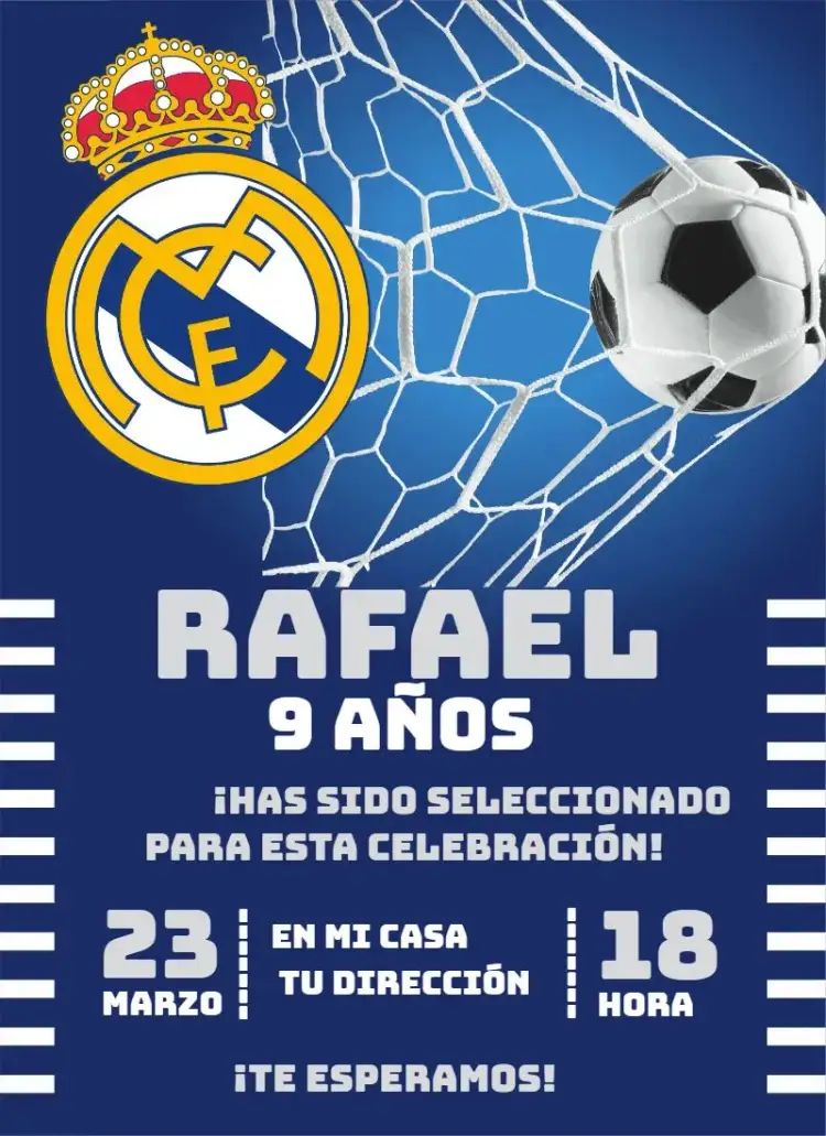 Invitación Real Madrid 3 – tema Cumpleaños fútbol, moderno, dinámico, vibrante, deportivo