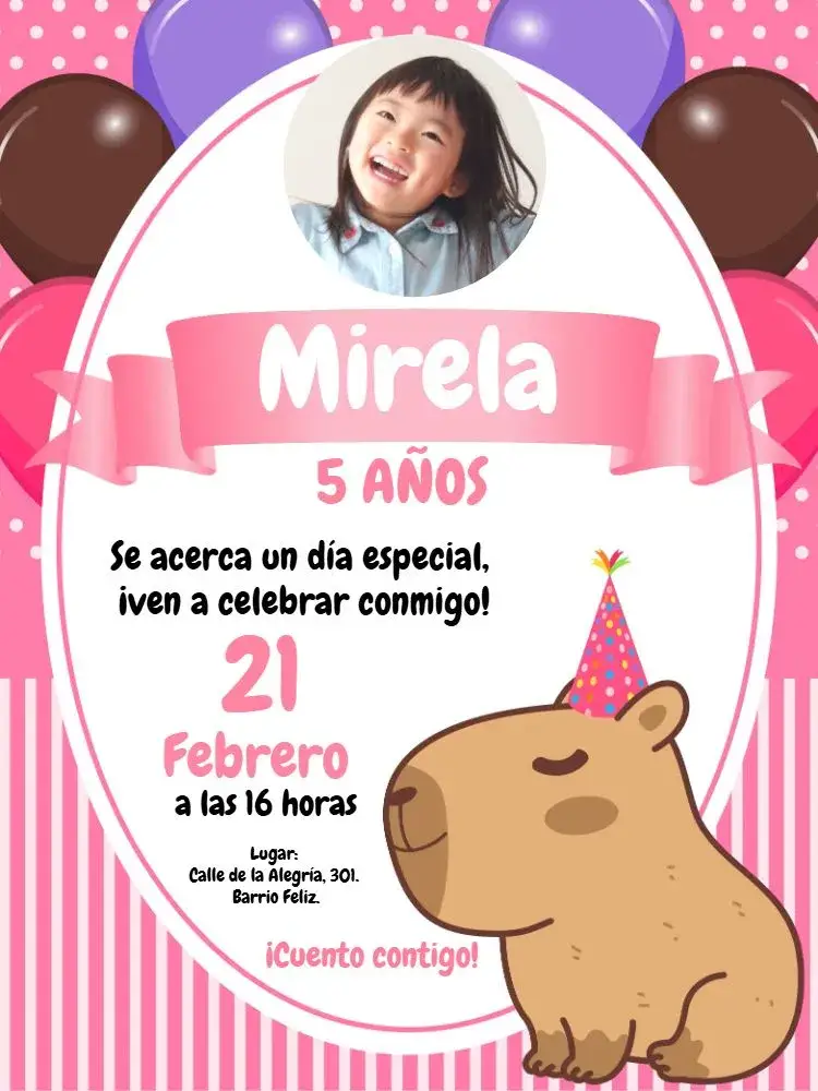 Invitación Capibara Rosa Niña Con Foto Capibarina – tema Cumpleaños Infantil rosado, divertido, infantil, colorido, animales, naturaleza