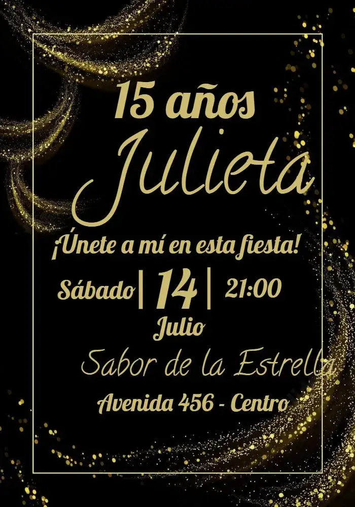 Invitación 15 Años Galaxia Dorada – tema Cumpleaños dorado, negro, purpurina, moderno, estiloso, galaxia