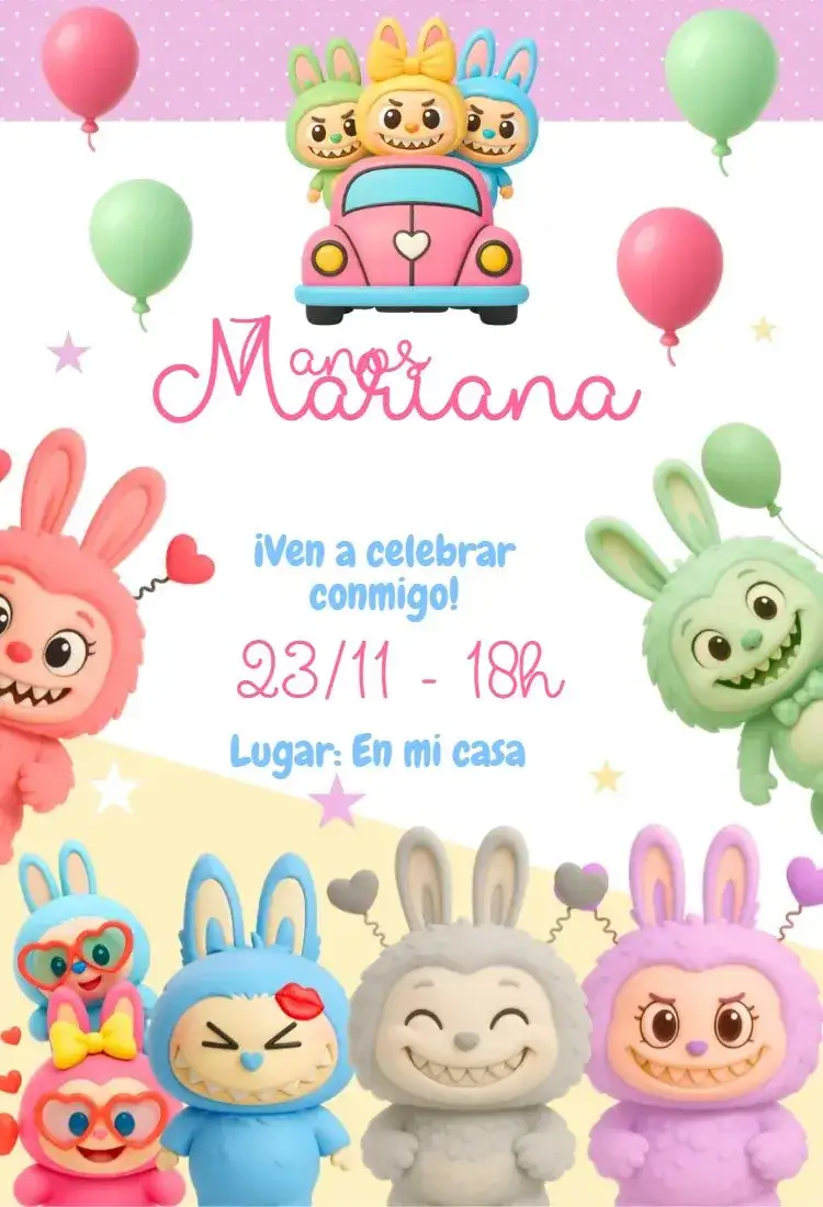 Invitación Invitación digital labubu – tema Cumpleaños kawaii, colorido, moderno, delicado, lindo