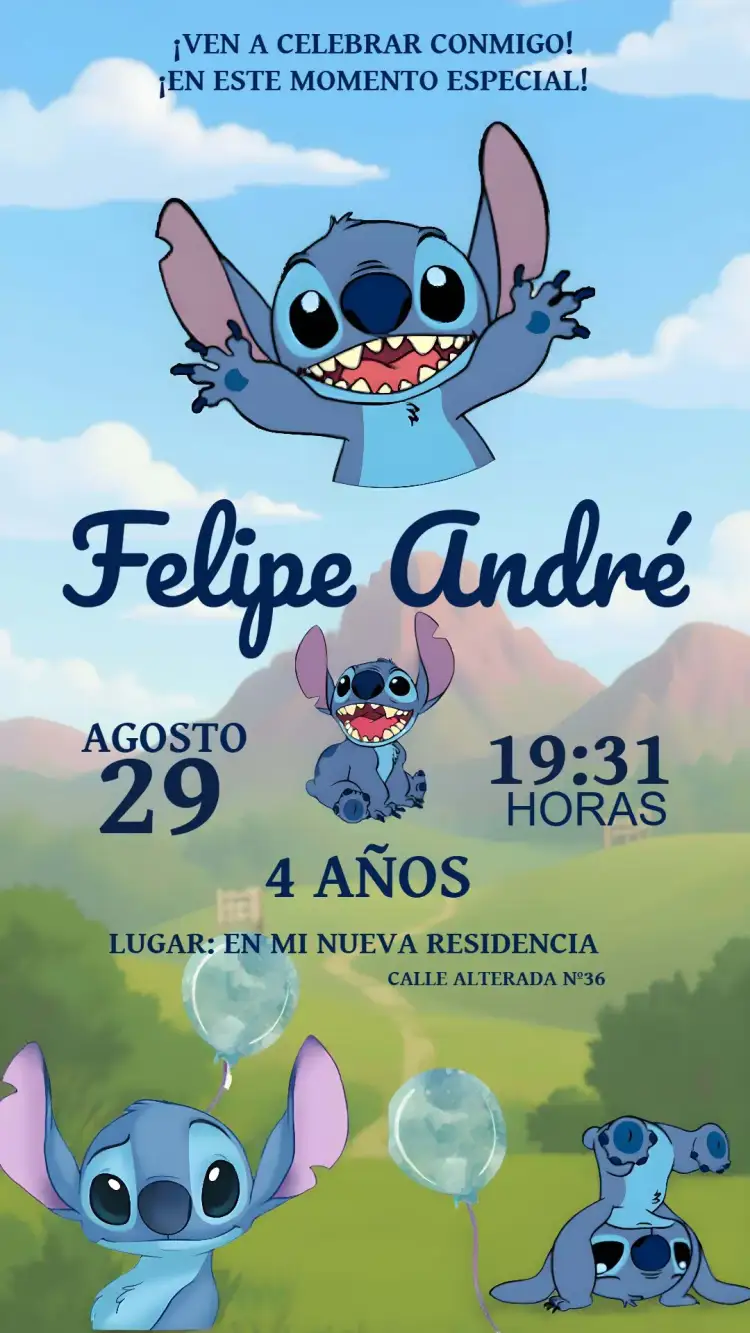 Invitación Stitch Niño Rosa – tema Más buscados acuarela, delicado, rosa, moderno, infantil, divertido