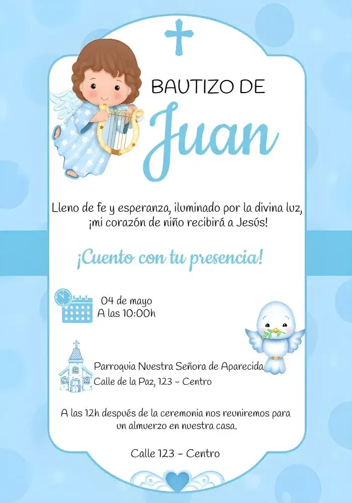 Invitación Bautizo Azul Paloma – tema Bautismo azul claro, blanco, angelito, paloma, minimalista, temático religioso