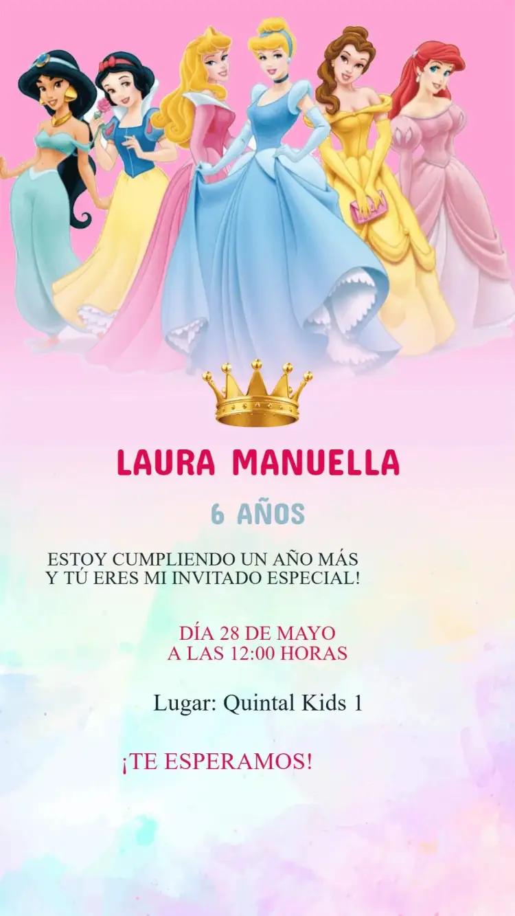Invitación Invitación Cumpleaños Princesas Disney – tema Cumpleaños Infantil colorido, mágico, lúdico, fantasía, encantado