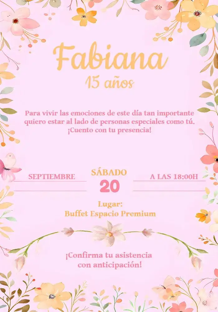 Invitación Floral 15 – tema 15 años floral, delicado, rosa, moderno, elegante, colorido