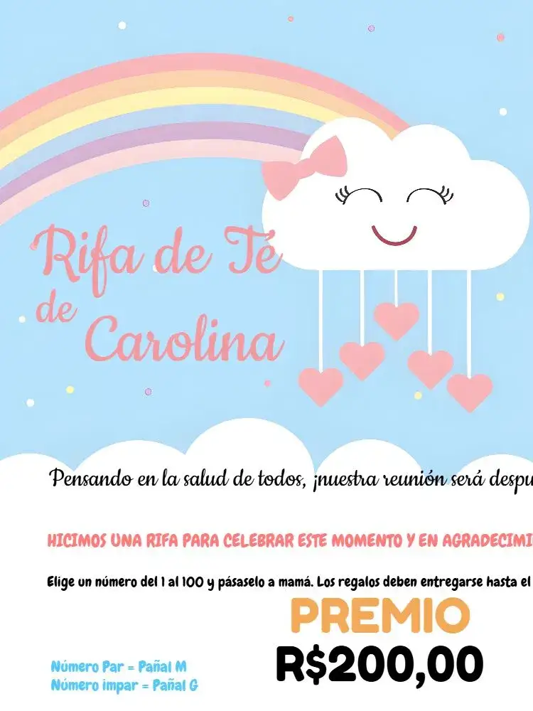 Invitación Té Rifa Lluvia De Amor Corazones – tema Té Rifa estilo lúdico, colores pasteles, elementos gráficos de nube, detalles en arcoíris, diseño infantil, visual acogedor