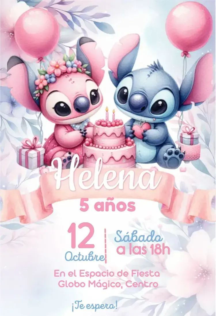Invitación Stitch y Angel rosa cumpleaños