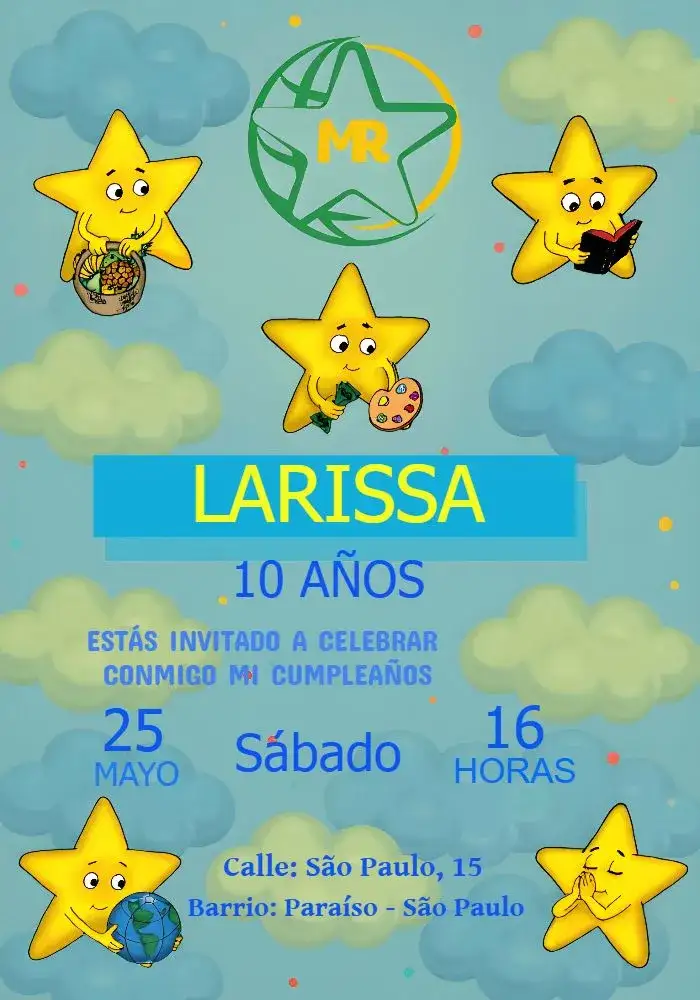 Invitación Reinas Mensajeras Del Rey Amarillo – tema Cumpleaños Infantil azul claro, amarillo real, nubes, estrellas, cristiano, lindo