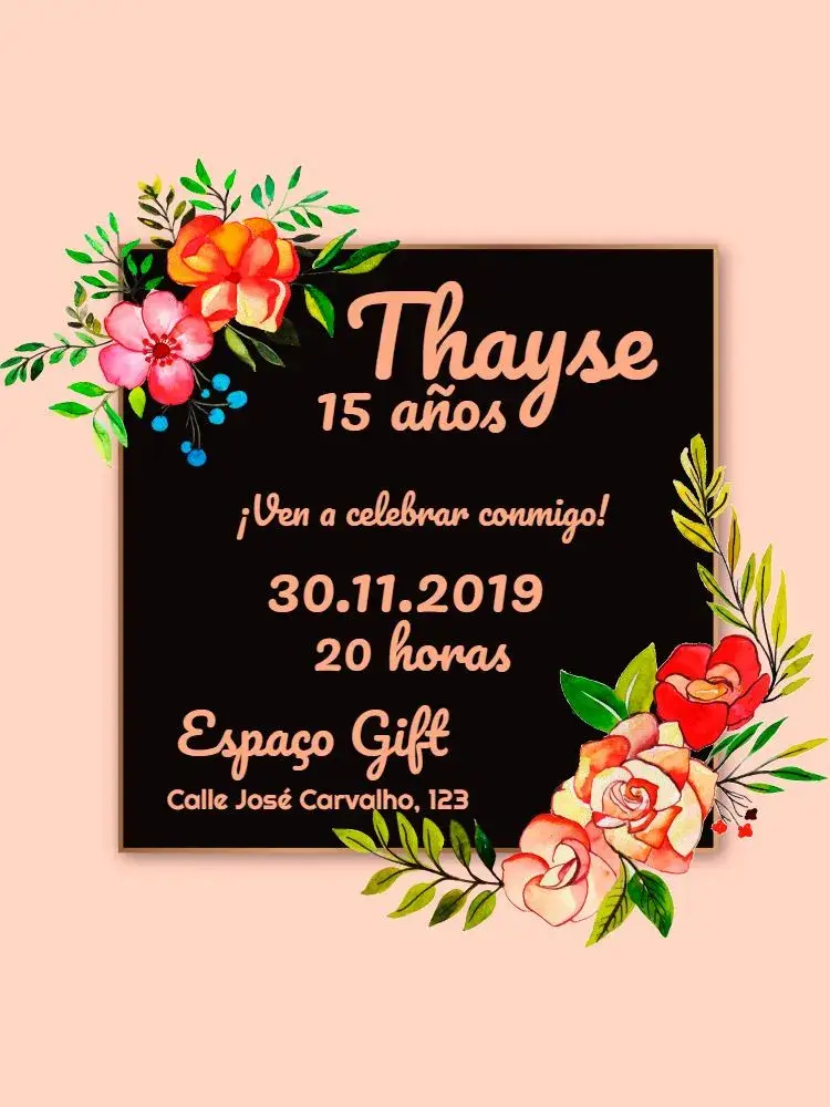 Invitación 15 Años Floral Negro