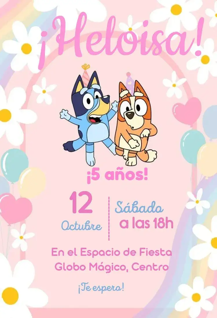 Invitación Azul rosa – tema Cumpleaños Infantil colorido, floral, pastel, fofo, moderno