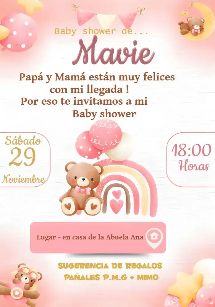 Invitación Baby Shower Osito Chupete – tema Baby Shower acuarela, tierno, colorido, infantil, delicado, alegre