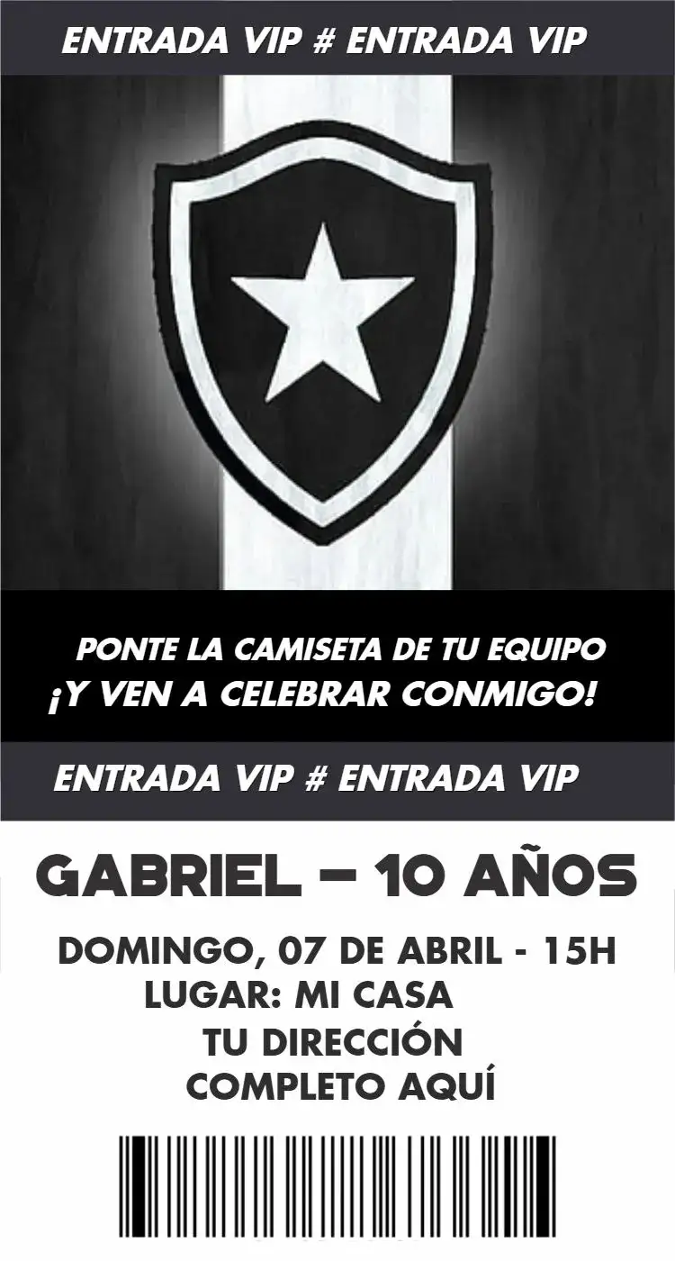 Invitación Botafogo Entrada – tema Cumpleaños fútbol, moderno, vibrante, deportivo, joven