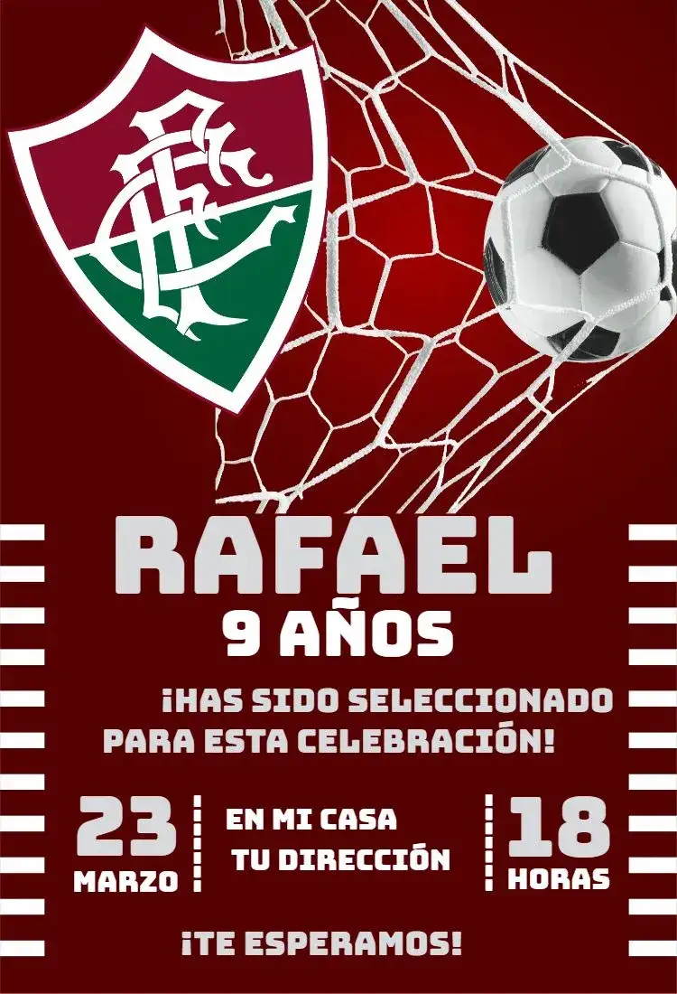 Invitación Fluminense 3 – tema Cumpleaños verde y marrón, estilo deportivo, elementos de fútbol, diseño vibrante, moderno, juvenil