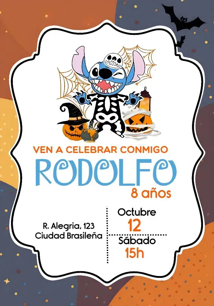 Invitación Stitch Halloween Naranja – tema Fechas Conmemorativas naranja, divertido, temático, brujas, animales, ilustraciones
