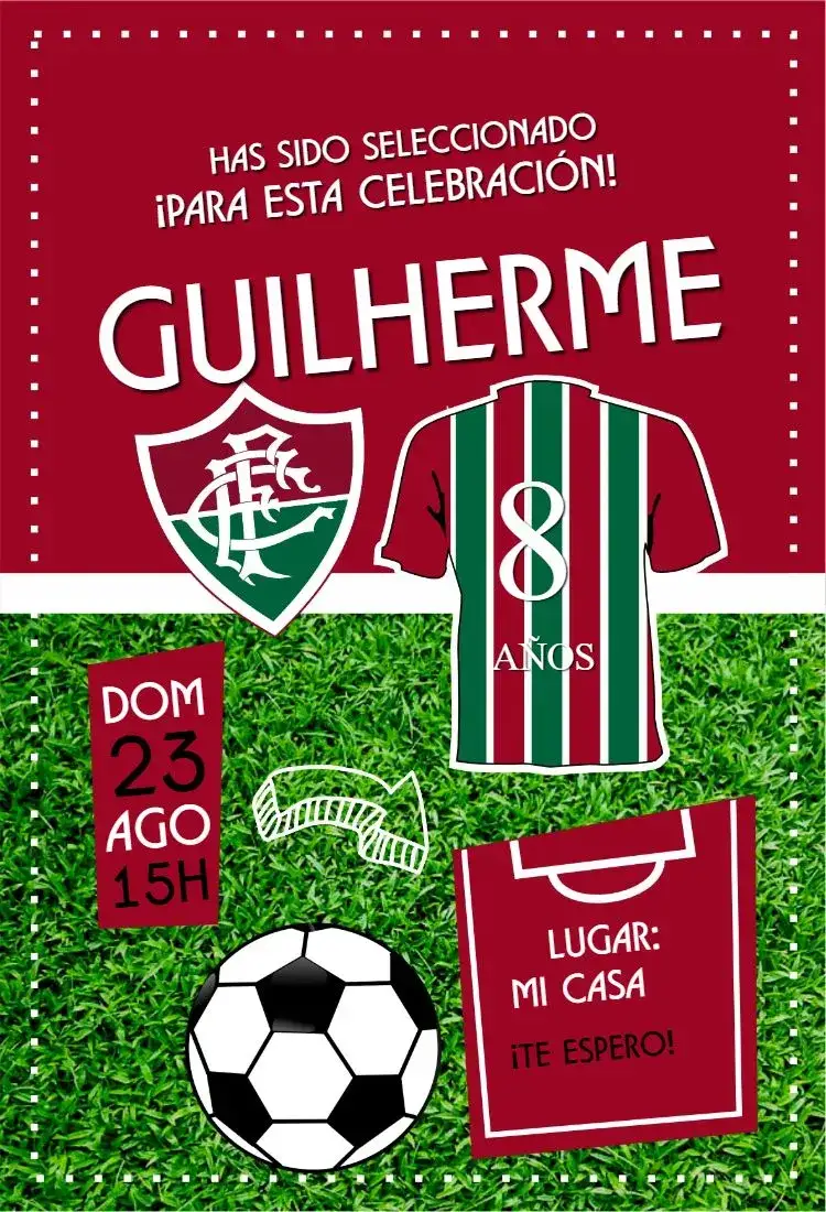 Invitación Camiseta Fluminense – tema Cumpleaños deportivo, colorido, moderno, dinámico, fútbol, juvenil