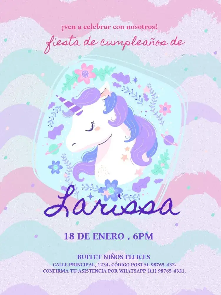 Invitación Unicornio Rosa Celebración – tema Cumpleaños Infantil floral, lúdico, delicado, rosa, morado, moderno