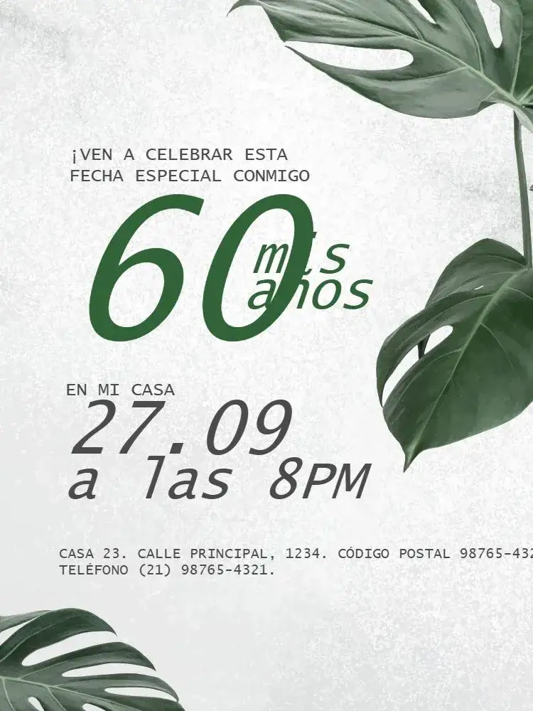 Invitación 60 Años Blanco Claro – tema Cumpleaños Infantil moderno, claro, blanco, verde, folhagem, elegante