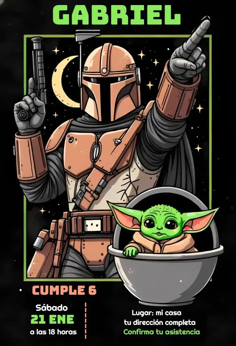Invitación Invitación Star Wars Mandalorian 2 – tema Cumpleaños Infantil galáctico, futurista, colorido, aventura, temático, divertido