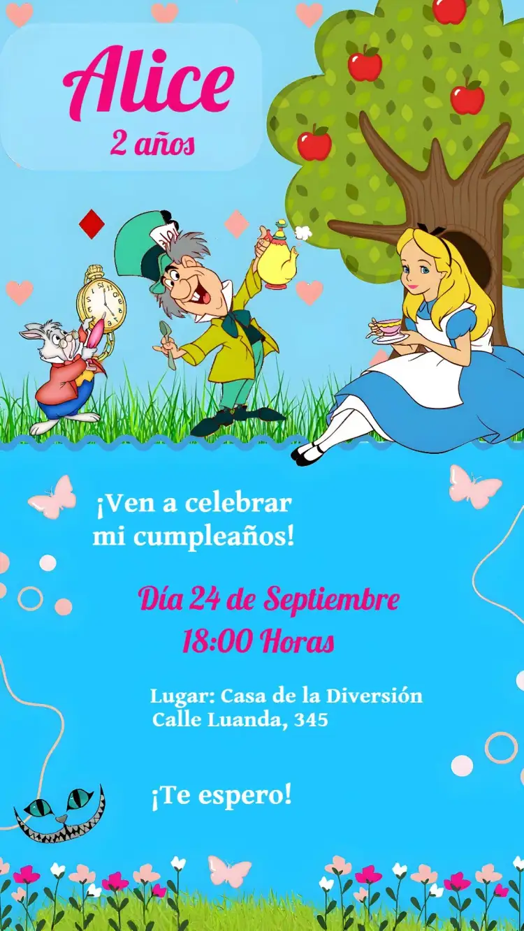 Invitación Alicia En El País De Las Maravillas Infantil – tema Fechas Conmemorativas colorido, lúdico, fantástico, ilustraciones infantiles, estilo cuento de hadas