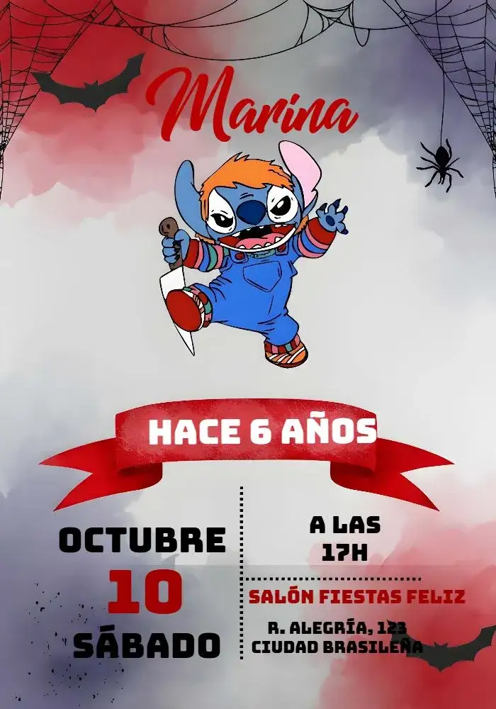 Invitación Stitch Chuck Halloween Brujas – tema Fechas Conmemorativas divertido, colorido, temático, vibrante, fantasía, infantil