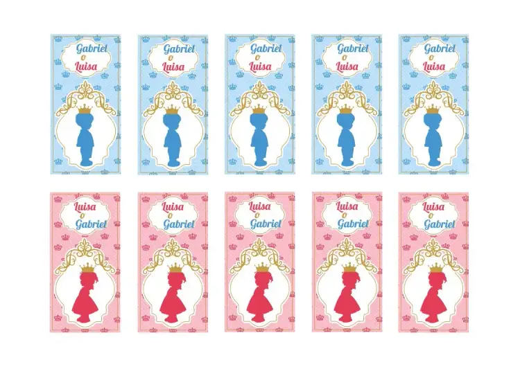 Invitación Etiqueta Revelación de Género Rosa y Azul Príncipe – tema Revelación Bebé rosa, azul, dorado, realeza, corona