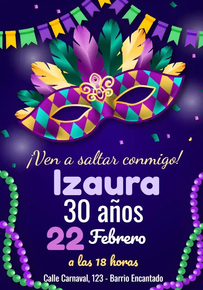 Invitación Carnaval Serpentina – tema Fechas Conmemorativas púrpura vibrante, brillo, festivo, máscaras coloridas, confeti, serpentinas