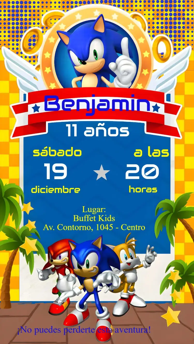 Invitación Sonic – tema Cumpleaños Infantil colorido, juegos, divertido, animado, moderno