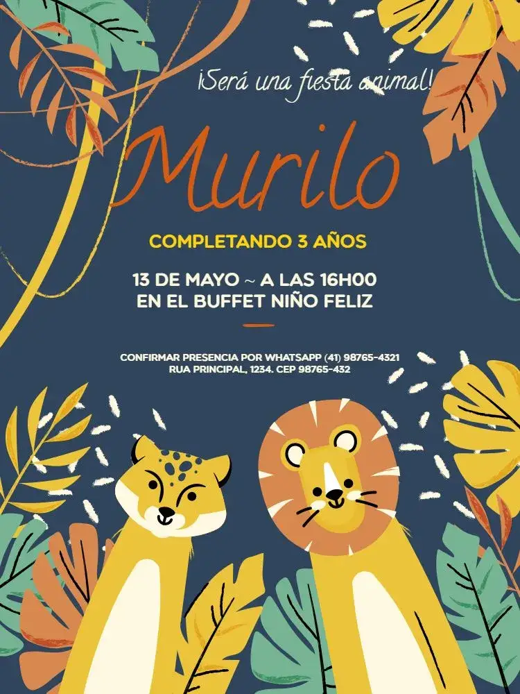Invitación Fiesta Safari Oscuro – tema Cumpleaños Infantil safari, animal, lúdico, colores vibrantes, moderno